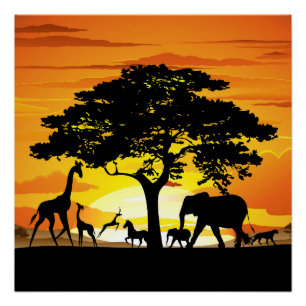 Wild Animals on African Savanna Sunset Poster