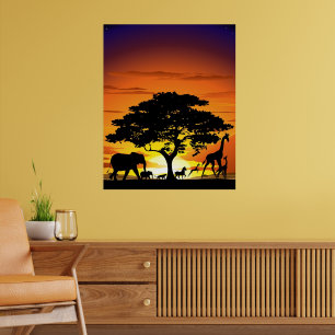 Wild Animals on African Savanna Sunset Poster