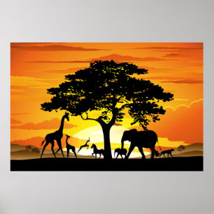 Wild Animals on African Savanna Sunset Poster