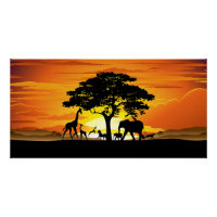Wild Animals on African Savanna Sunset