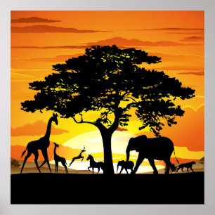 Wild Animals on African Savanna Sunset Poster