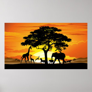 Wild Animals on African Savanna Sunset Poster