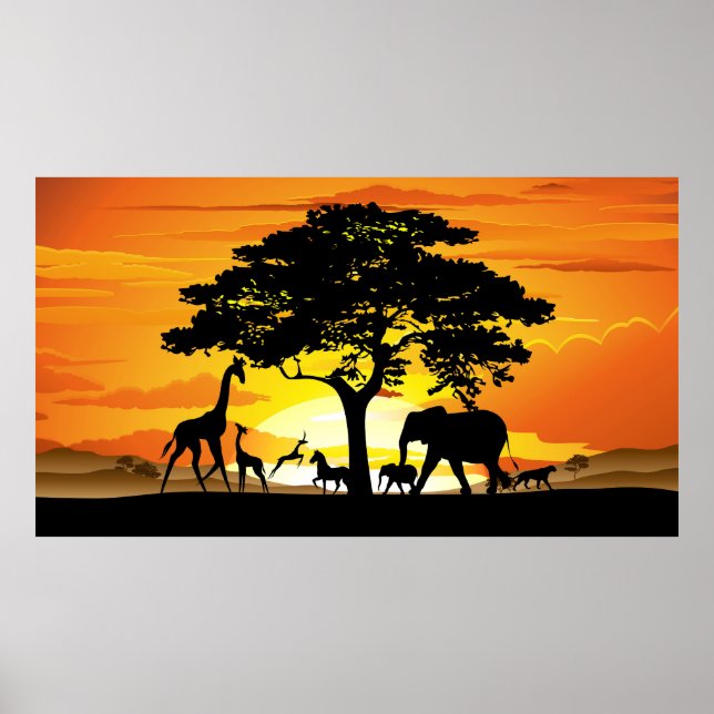 Wild Animals on African Savanna Sunset Poster (Front)