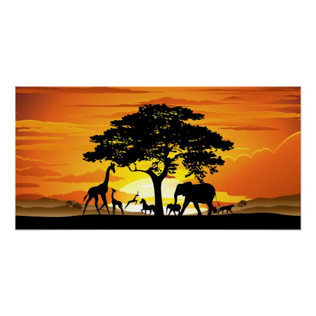 Wild Animals on African Savanna Sunset Poster (Front)
