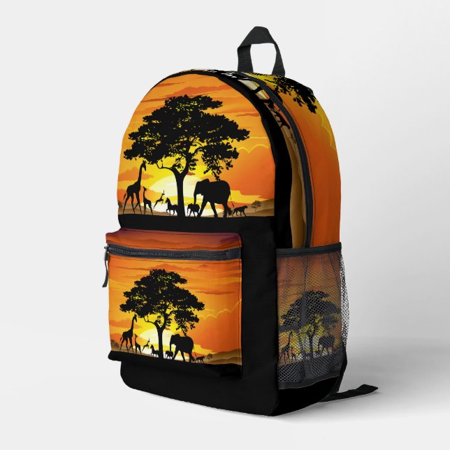 Wild Animals on African Savanna Sunset Printed Backpack (Back Corner Right)