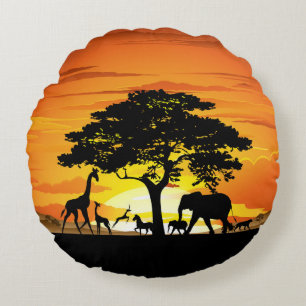 Wild Animals on African Savanna Sunset Round Cushion
