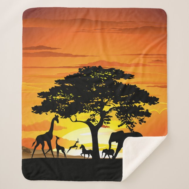 Wild Animals on African Savanna Sunset Sherpa Blanket (Front)