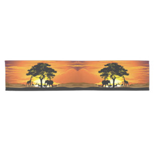 Wild Animals on African Savanna Sunset Short Table Runner
