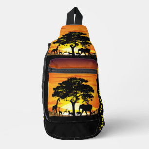 Wild Animals on African Savanna Sunset Sling Bag