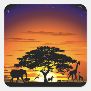 Wild Animals on African Savanna Sunset Square Sticker