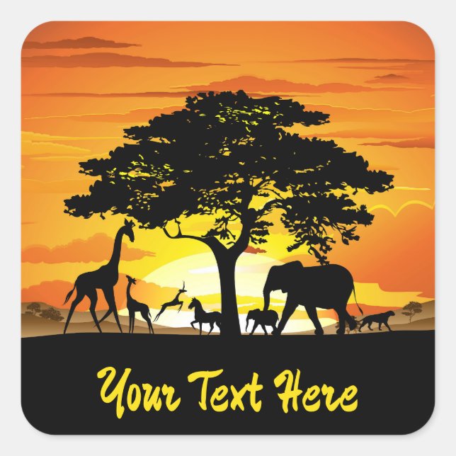 Wild Animals on African Savanna Sunset Square Sticker (Front)