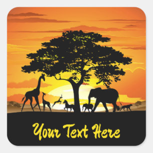 Wild Animals on African Savanna Sunset Square Sticker