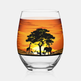 Wild Animals on African Savanna Sunset Stemless Wine Glass