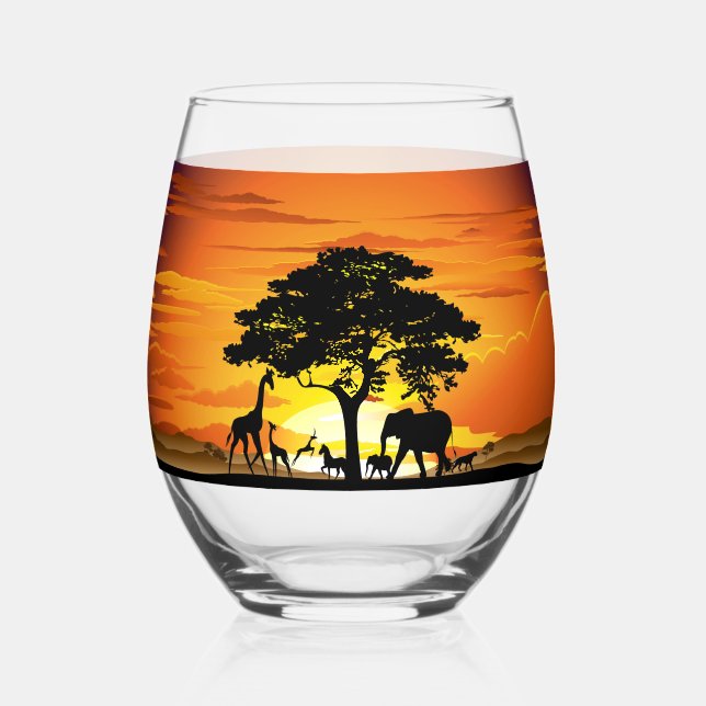 Wild Animals on African Savanna Sunset Stemless Wine Glass (Front)