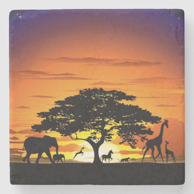 Wild Animals on African Savanna Sunset Stone Coaster (Front)