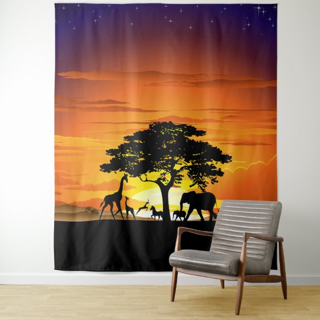 Wild Animals on African Savanna Sunset Tapestry (In Situ)