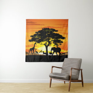 Wild Animals on African Savanna Sunset Tapestry