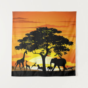 Wild Animals on African Savanna Sunset Tapestry