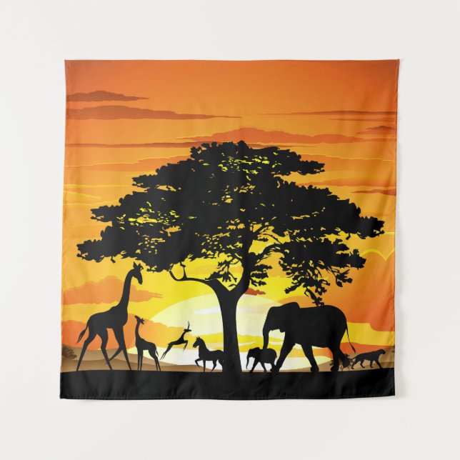 Wild Animals on African Savanna Sunset Tapestry (Front)