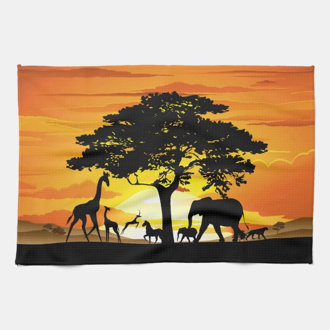 Wild Animals on African Savanna Sunset Tea Towel (Horizontal)