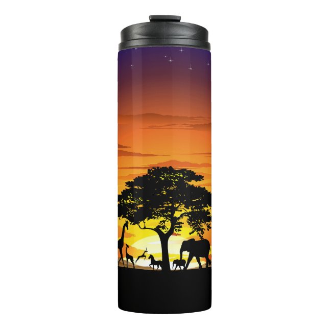 Wild Animals on African Savanna Sunset Thermal Tumbler (Front)