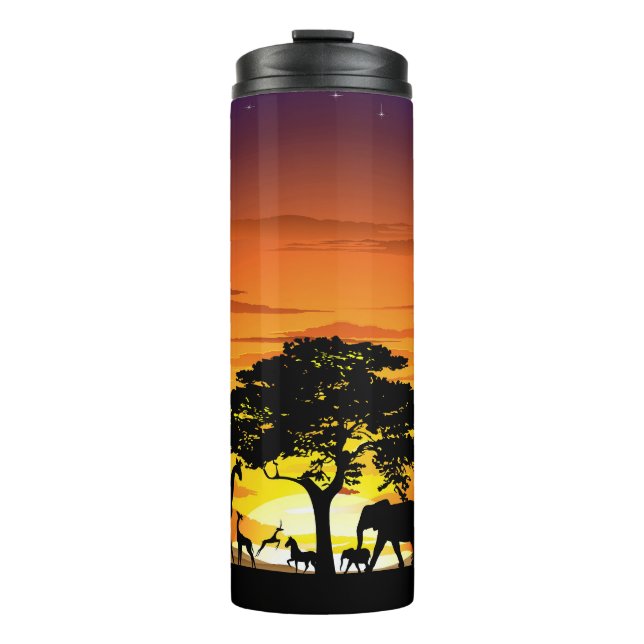 Wild Animals on African Savanna Sunset Thermal Tumbler (Front)