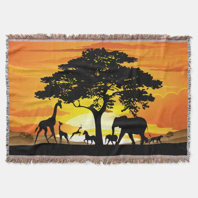 Wild Animals on African Savanna Sunset Throw Blanket (Front)
