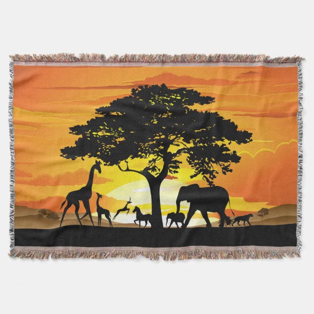 Wild Animals on African Savanna Sunset Throw Blanket (Front)