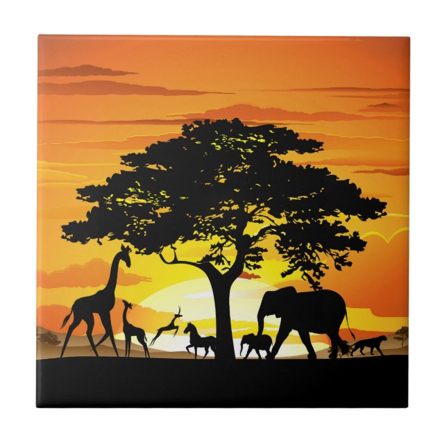 Wild Animals on African Savanna Sunset Tile (Front)