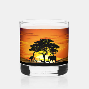 Wild Animals on African Savanna Sunset Whiskey Glass