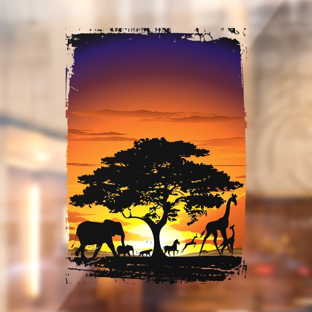 Wild Animals on African Savanna Sunset Window Cling (Sheet 2)