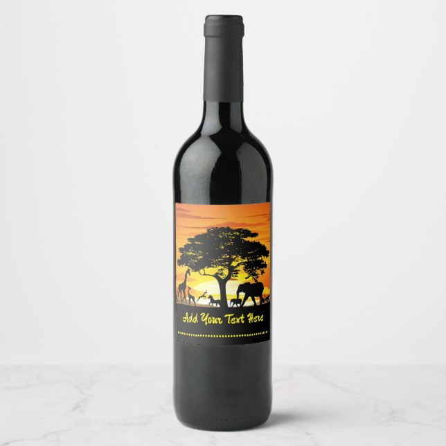 Wild Animals on African Savanna Sunset Wine Label (Front)