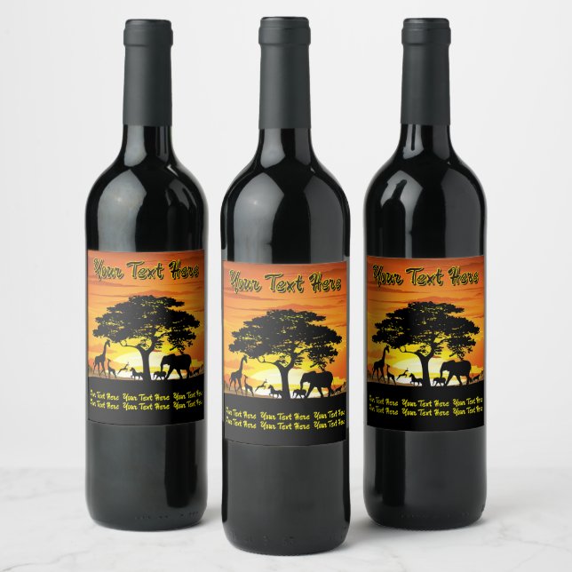 Wild Animals on African Savanna Sunset Wine Label (Bottles)