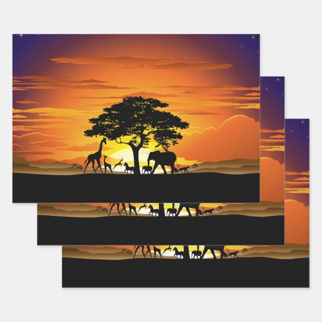Wild Animals on African Savanna Sunset Wrapping Paper Sheet (Set)