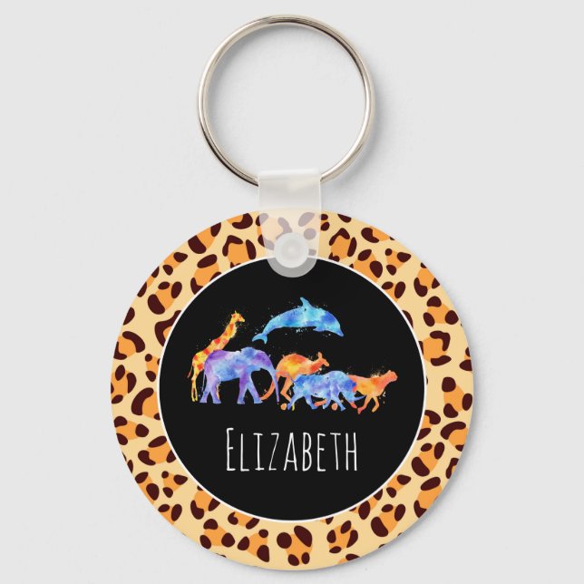 Wild Animals on an Exotic Leopard Print Pattern Key Ring (Front)