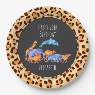 Wild Animals on Exotic Leopard Print Birthday Paper Plate
