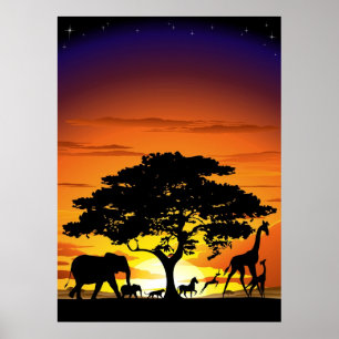 Wild Animals on Savannah Sunset Poster
