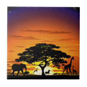 Wild Animals on Savannah Sunset tile