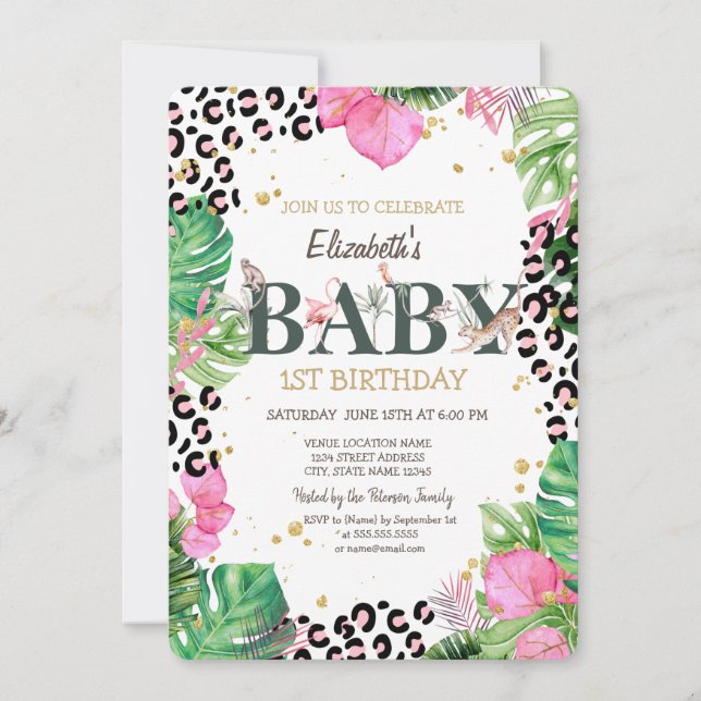 Wild Animals Palm Leaves 1st Birthday  Invitation (Front)