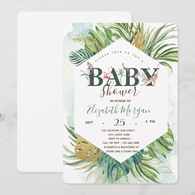 Wild Animals Palm Leaves Baby Shower Invitation (Front/Back)