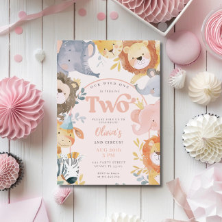 Wild Animals Pink Two Girl Photo Birthday Invitation