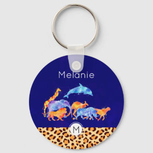 Wild Animals with a Leopard Print Border Monogram Key Ring