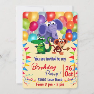 Wild Animals with Balloons & Ribbons Invitation