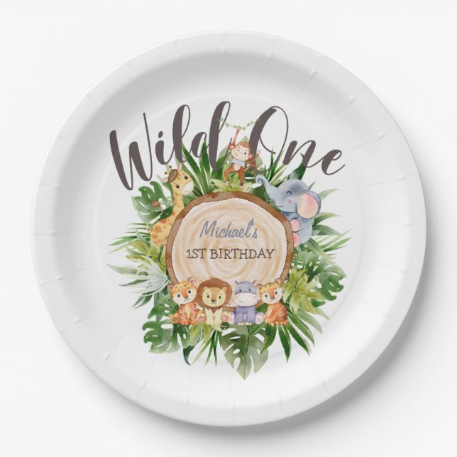 Wild Animals Wood Birthday  Paper Plate (Front)