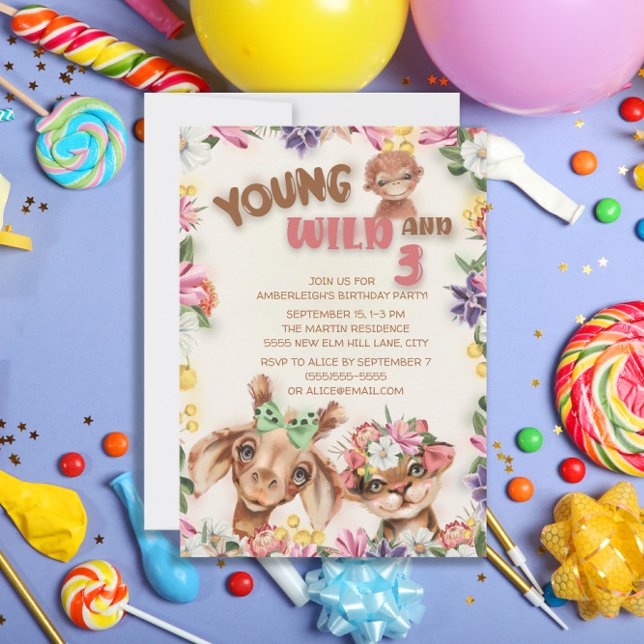 Wild Animals Young Wild Three Girl's 3rd Birthday Invitation (Creator Uploaded)