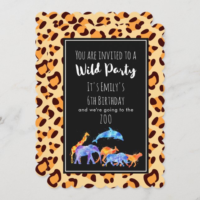 Wild Animals Zoo Birthday on Exotic Leopard Print Invitation (Front/Back)