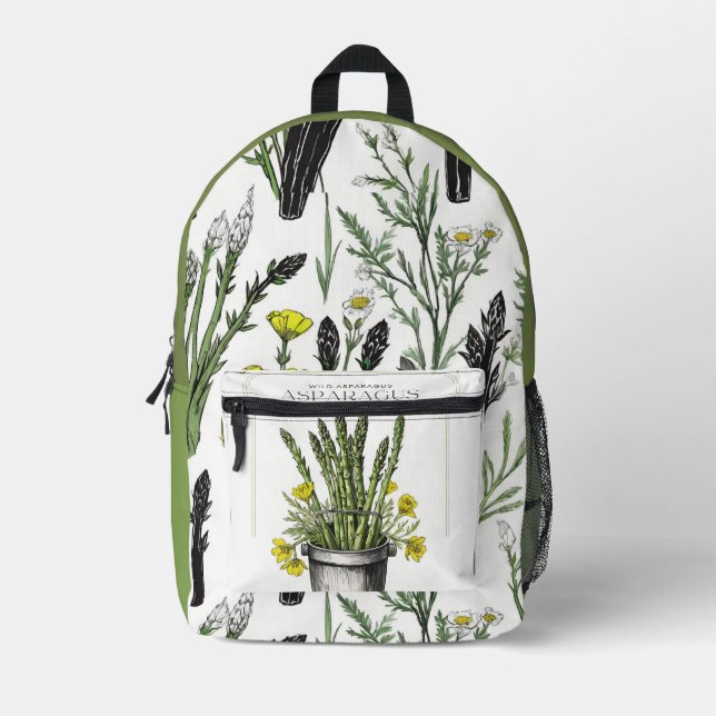 Wild Asparagus Sketch Design: Nature-Inspired  Printed Backpack (Front)