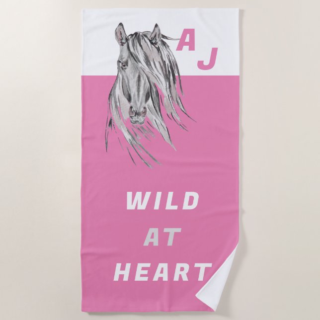 Wild at Heart Custom Horse Hot Pink Beach Towel (Front)