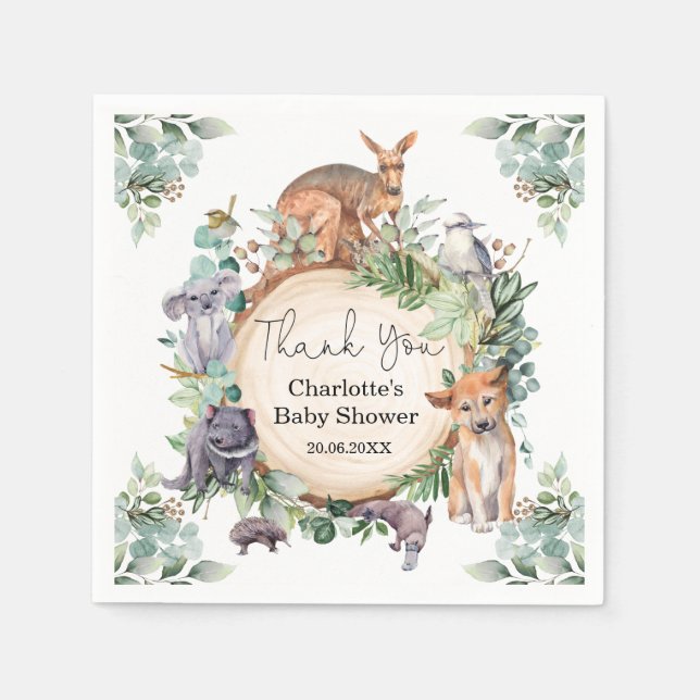 Wild Australian Animals Rustic Gum Leaves Baby Boy Napkin (Front)