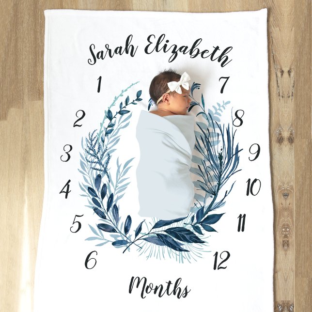 Wild Azure Botanical Monthly Baby Milestone Fleece Blanket (Creator Uploaded)